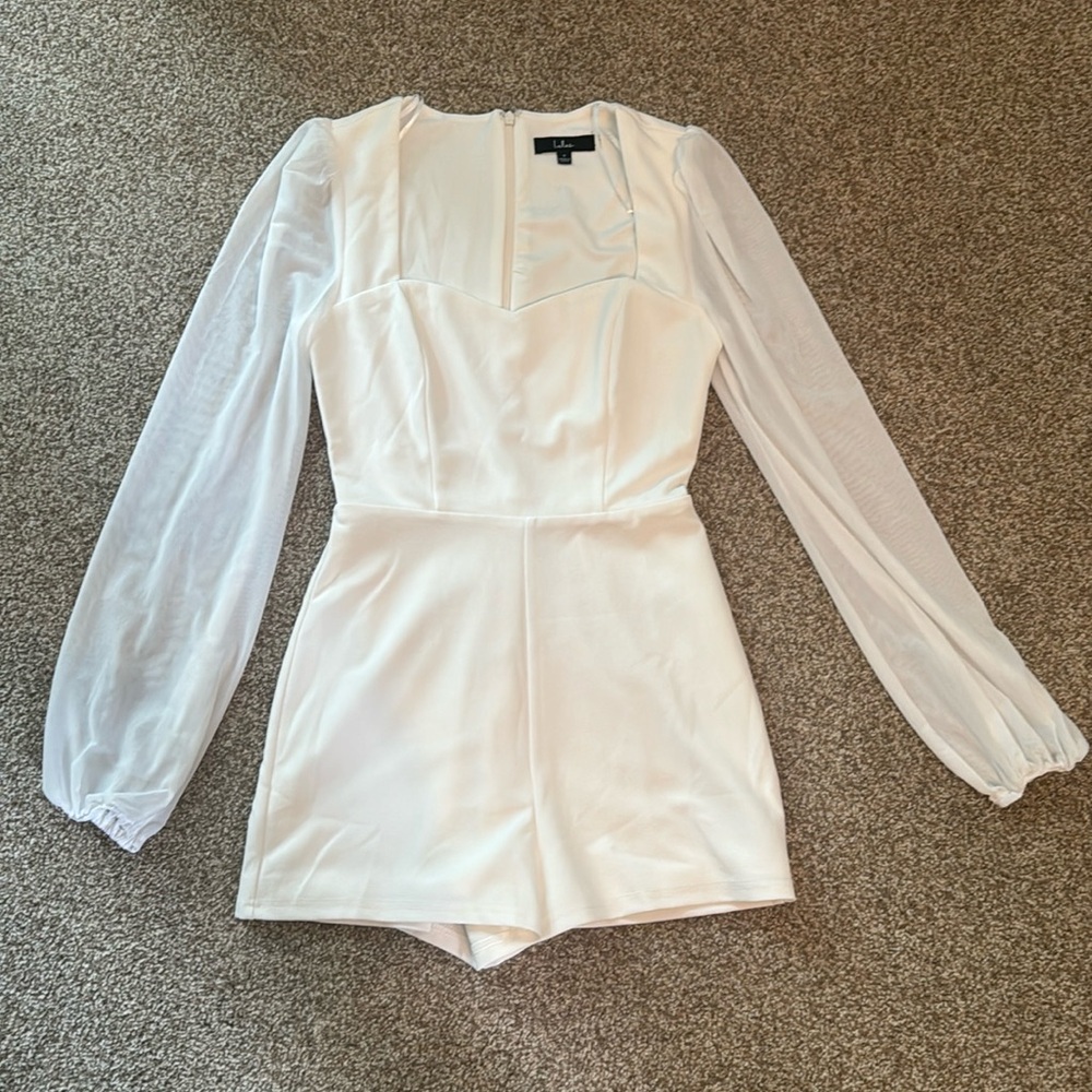 LULUS White Sweatheart Cut Romper with Sheer Sleeves
